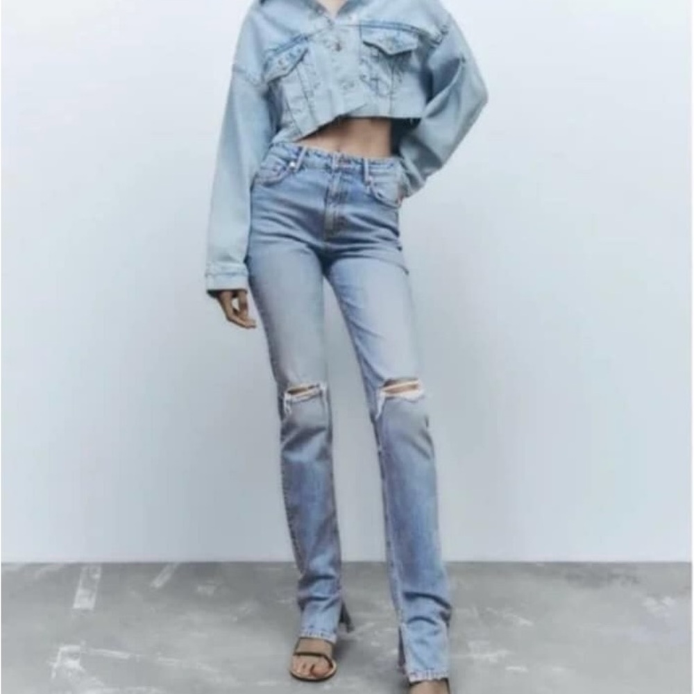Zara Blue Straight Leg Jeans with Distressed Details